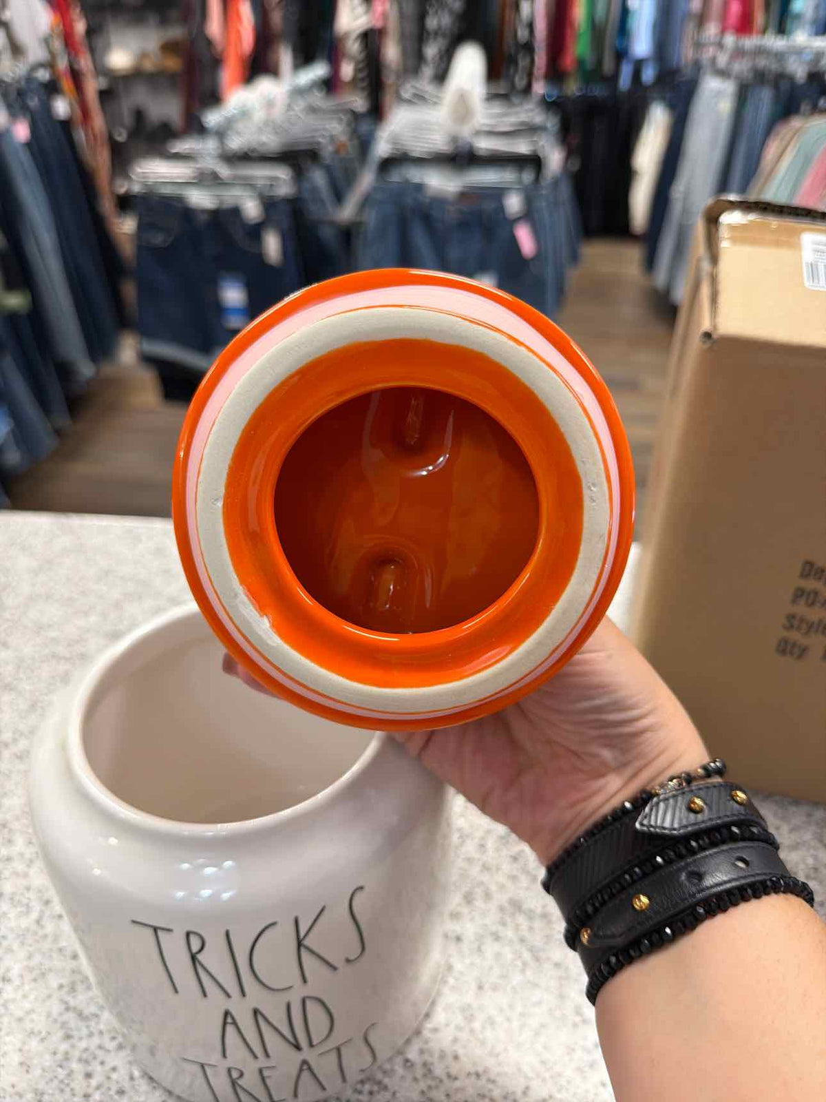 Rae Dunn NEW "Tricks and Treats" Halloween Ceramic Cookie Jar and Lid Household