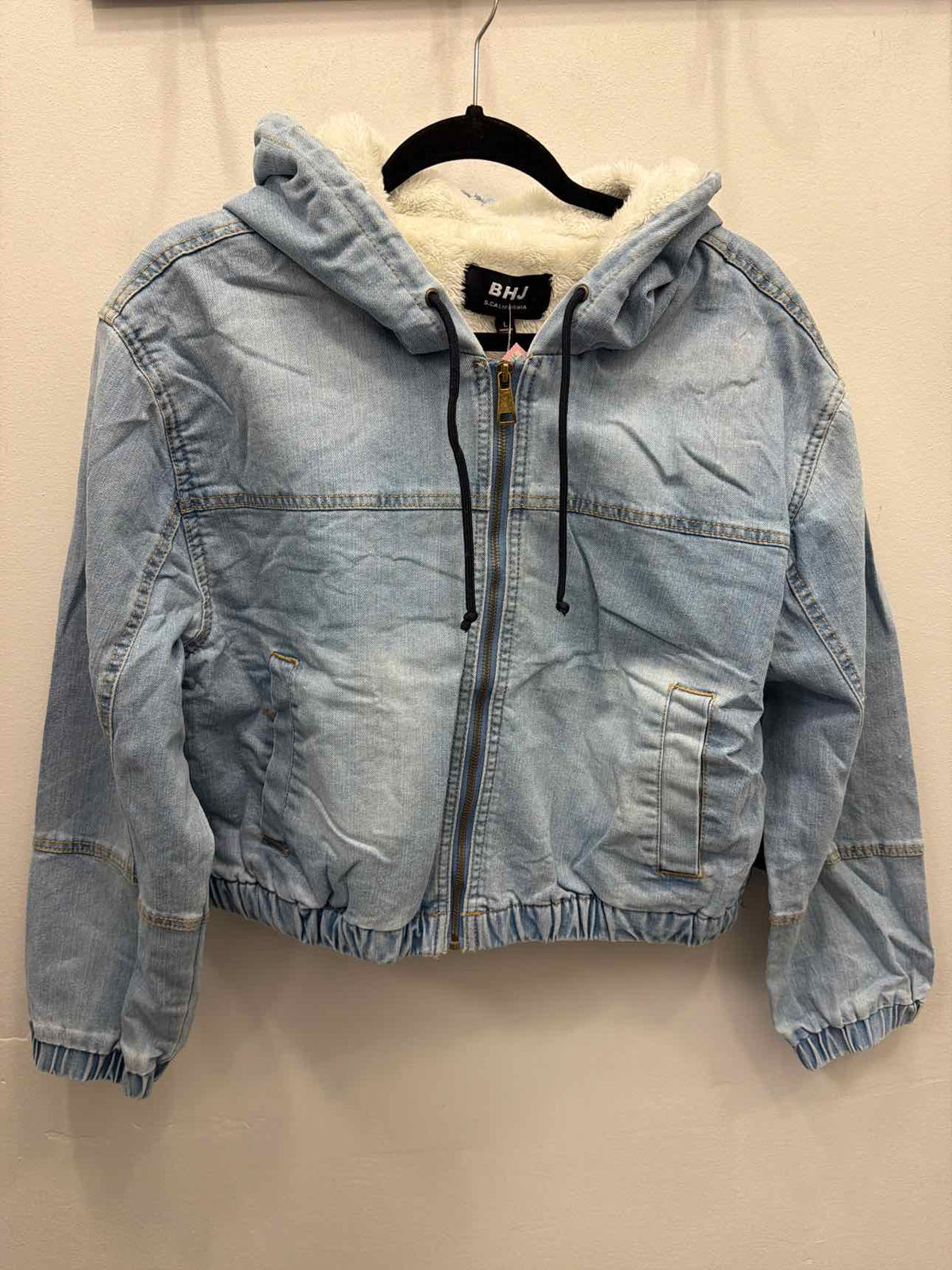 BHJ California Cropped Hooded Sherpa Lined Zip Up Denim Coat