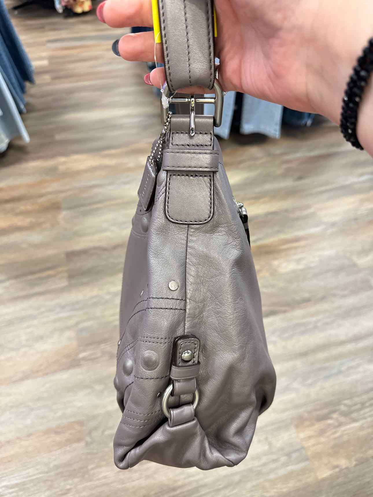 Coach Studded Applique Duffel Hobo Grey Leather Shoulder Handbag