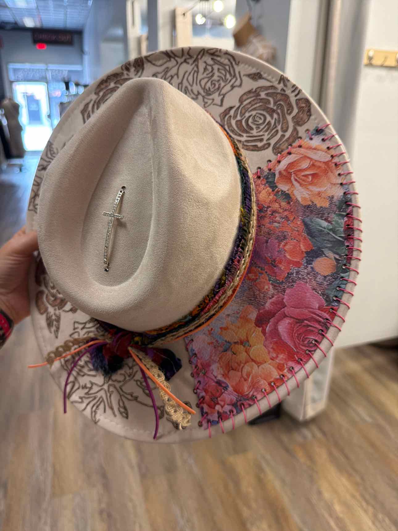 Custom handmade burned cowgirl cowboy hat with rose burnished patch and ribbon