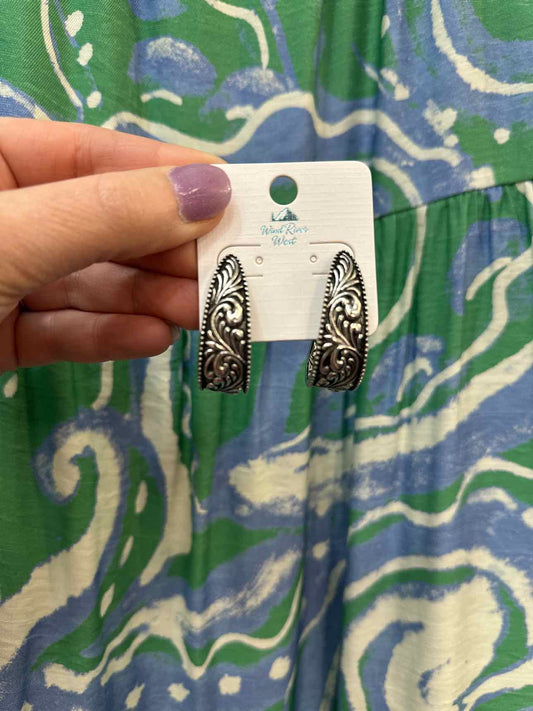 Teardrop Hoop Earring with Engraved Rococo Detail 1.5" Silver-Tone