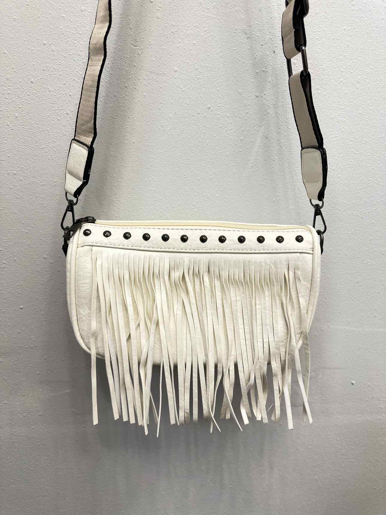 Vegan Leather Fringe Cross Body Bag With Canvas Strap Stud Details Handbags