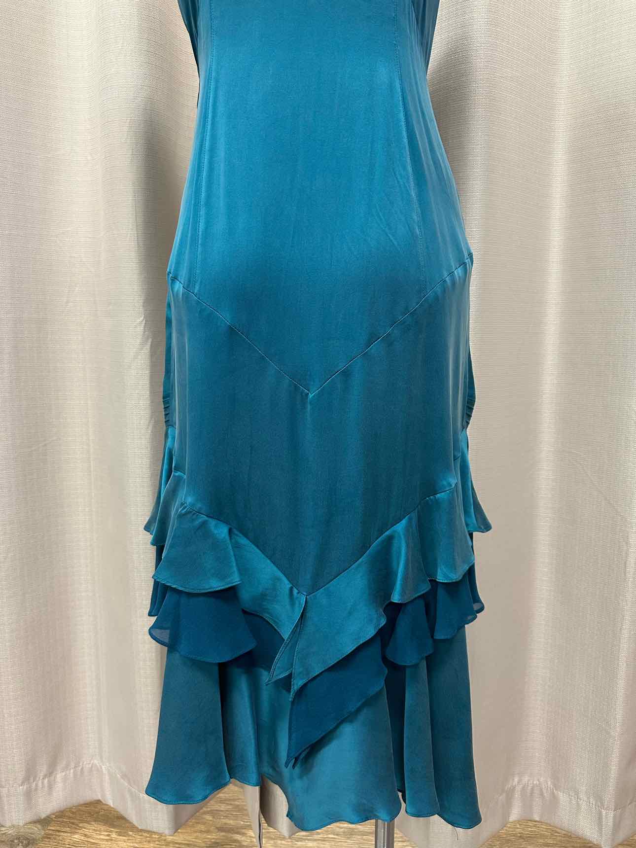 Karen Millen 100% Silk Embroidered Lace Layered Ruffles Size 10 Teal Dress