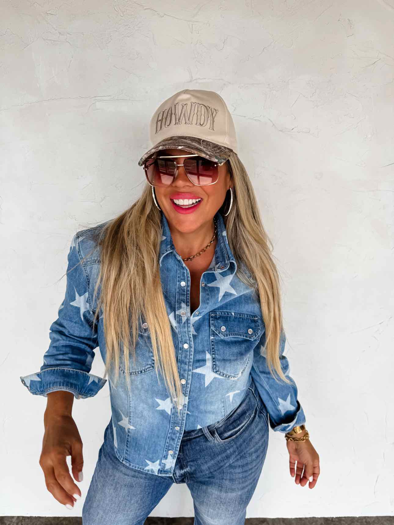 Blakeley Dolly Denim Stars Snap Down Long Sleeve Top