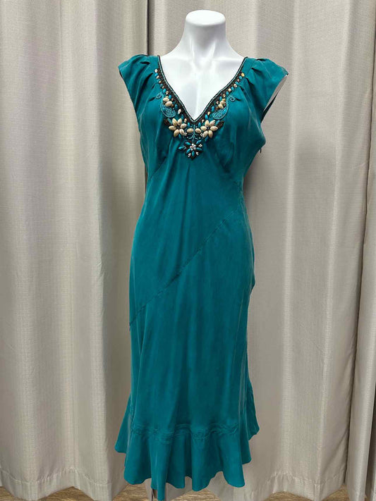 Karen Millen NEW NWT 100% Silk Beaded V-Neckline Short Sleeve Size 10 Teal Dress