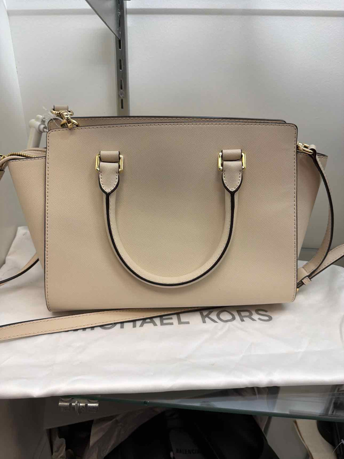 MICHAEL KORS NEW Selma Handle Long Strap Leather Satchel Cream Handbags NWOT