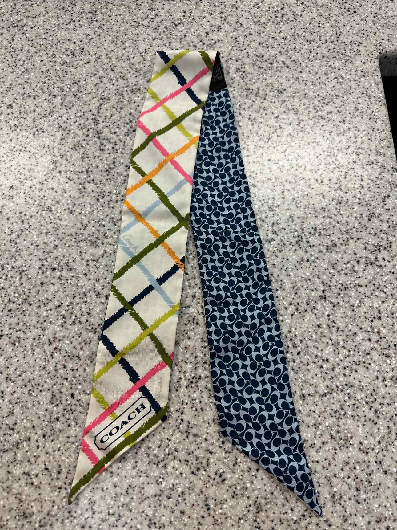 Coach Skinny Tattersall Twilly Plaid and Monogram Scarf