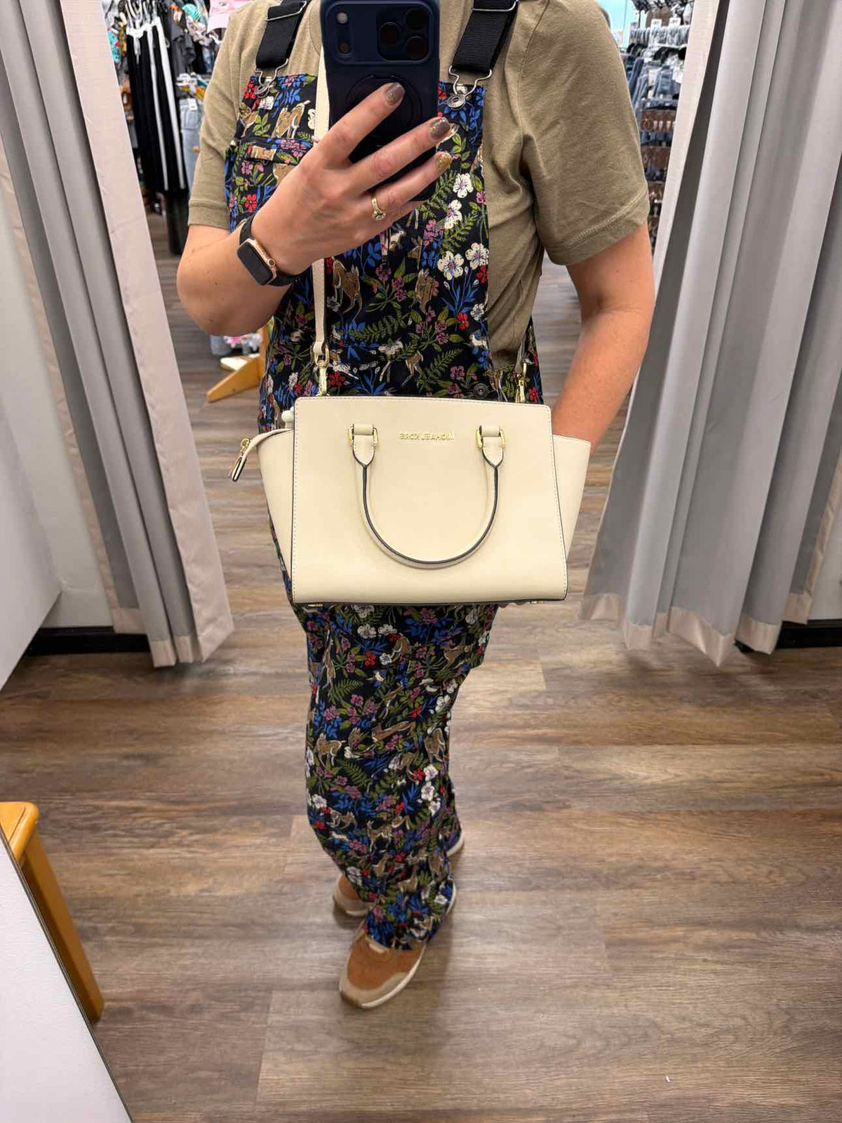 MICHAEL KORS NEW Selma Handle Long Strap Leather Satchel Cream Handbags NWOT