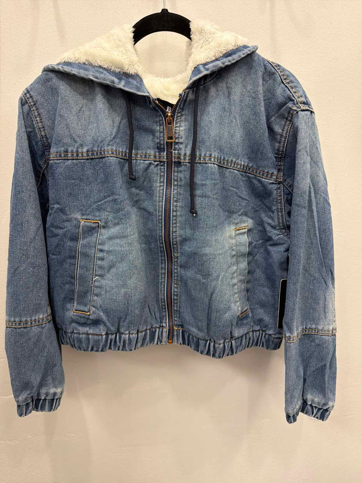 BHJ California Cropped Hooded Sherpa Lined Zip Up Denim Coat