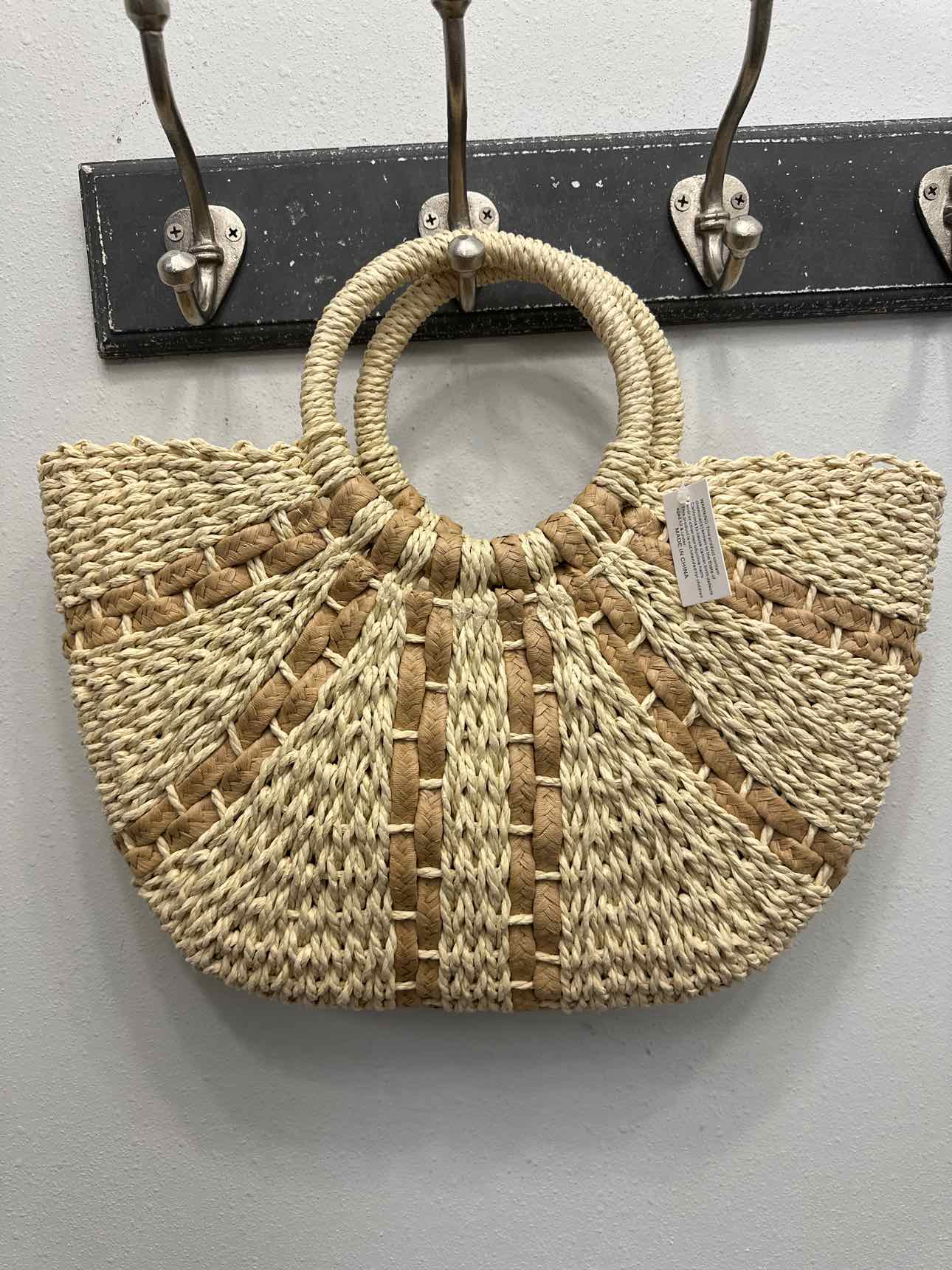 Woven Straw Tote Bag With Fanned Stripes Detail
