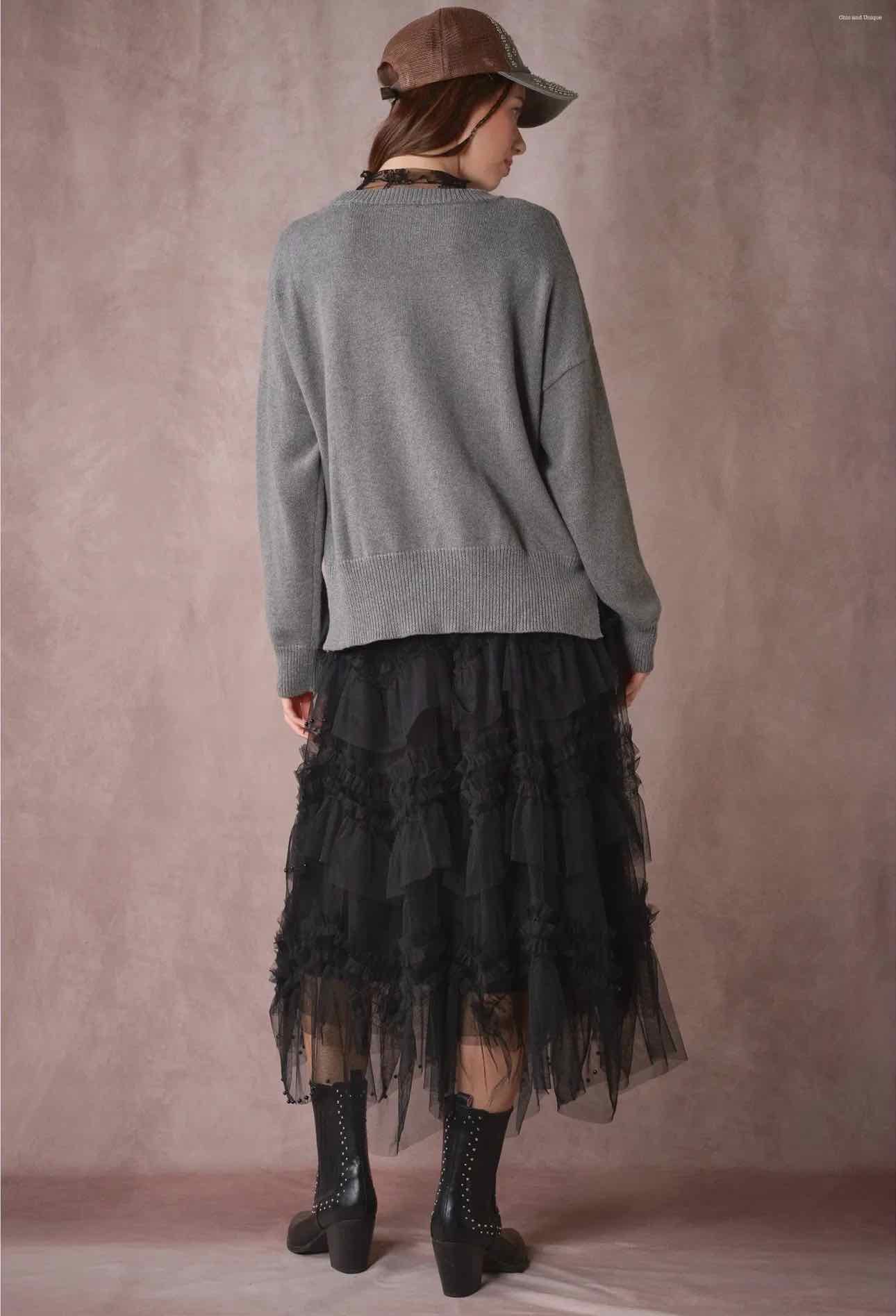Country Blooming Lace Black Beaded Maxi Skirt
