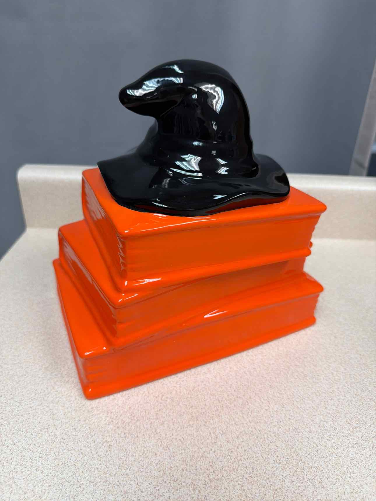 Rae Dunn 'Trick or Treat' Stacked Orange Books with Witch Hat Decor household