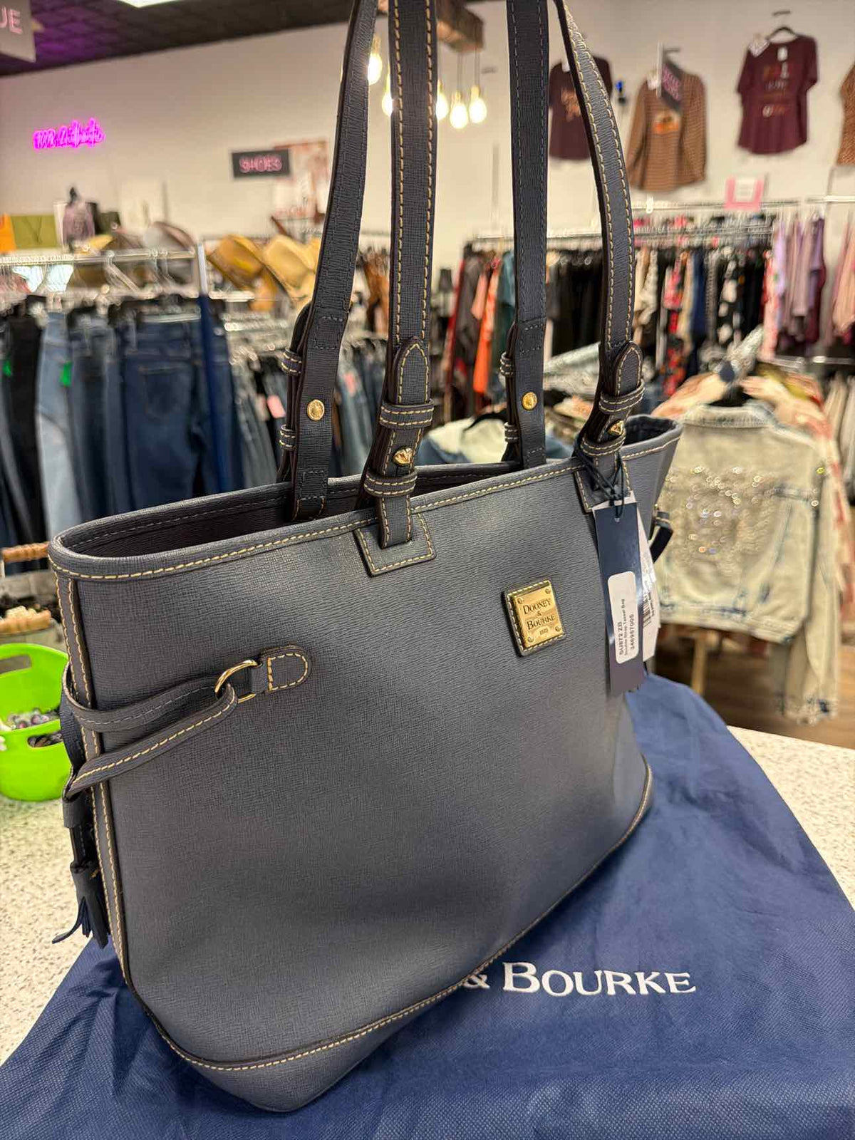 Dooney and Bourke Double Strap Tassel Graphite Tote Grey Graphite Handbags NWT