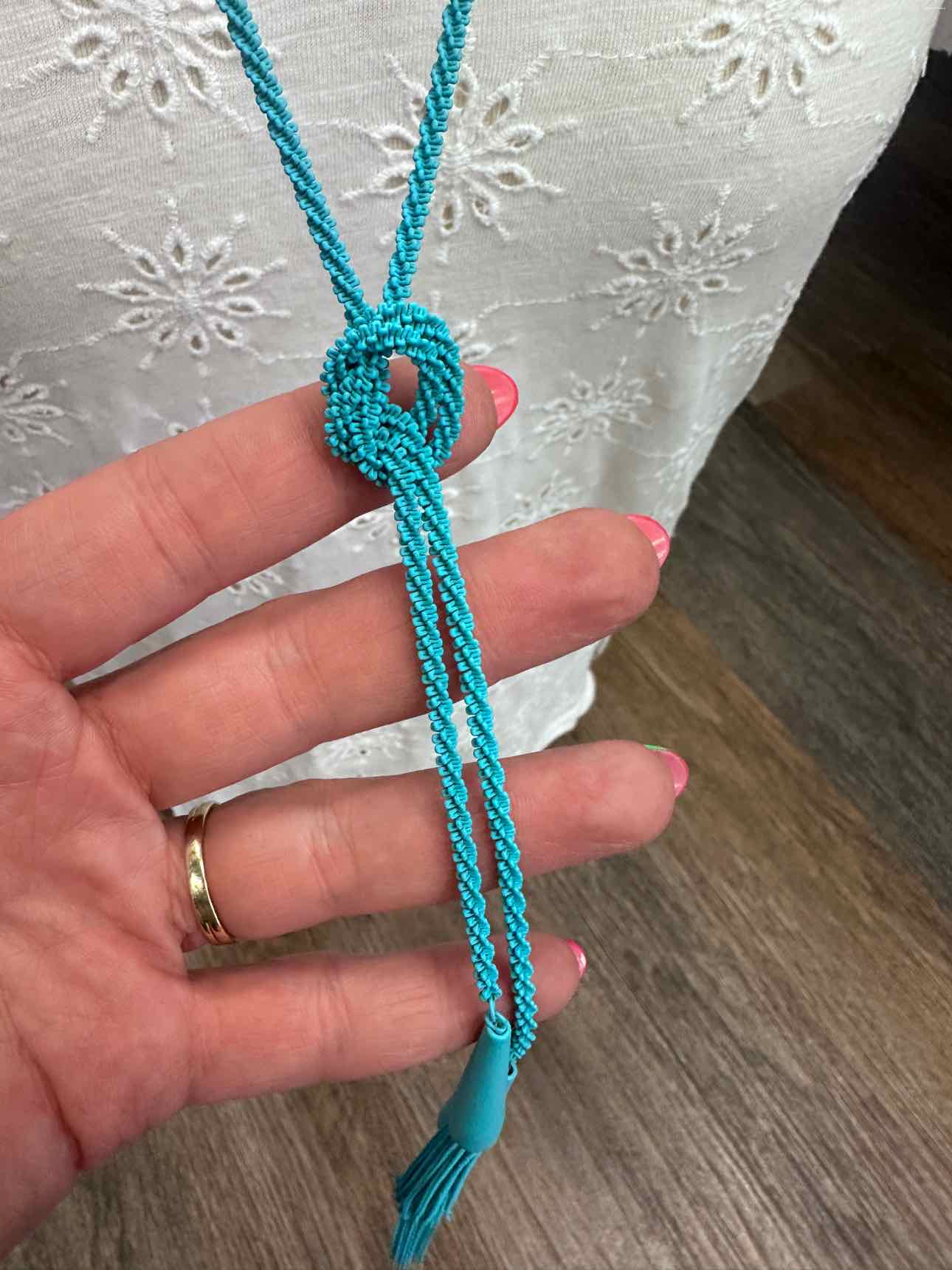 Kendra Scott Phara Matte Aqua Lariat Tassel Fringe Braided Rope Necklace