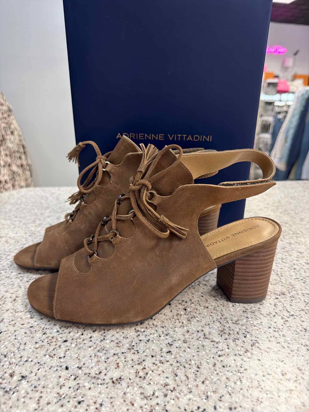 Adrienne Vittadini Size 10 Suede Open Toe Lae Up Block Heel Booties Brown NEW