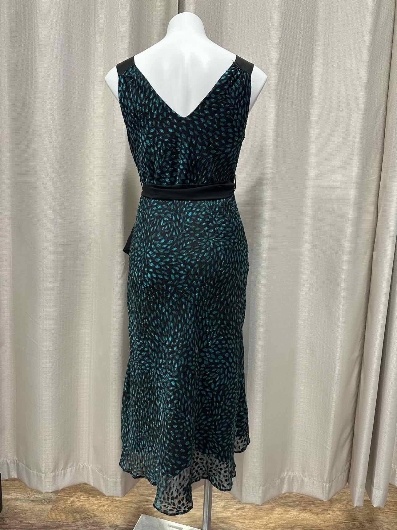 Karen Millen Flowy Print Design Belted Size 14 Black/Teal Dress
