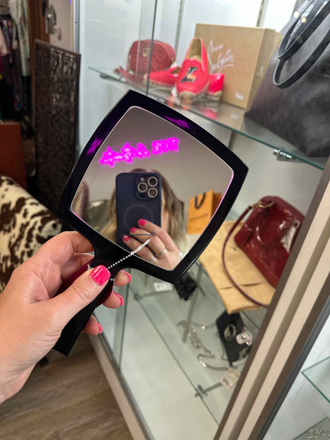 Chanel Black Handheld Mirror and Velvet Storage Bag Miroir Facettes