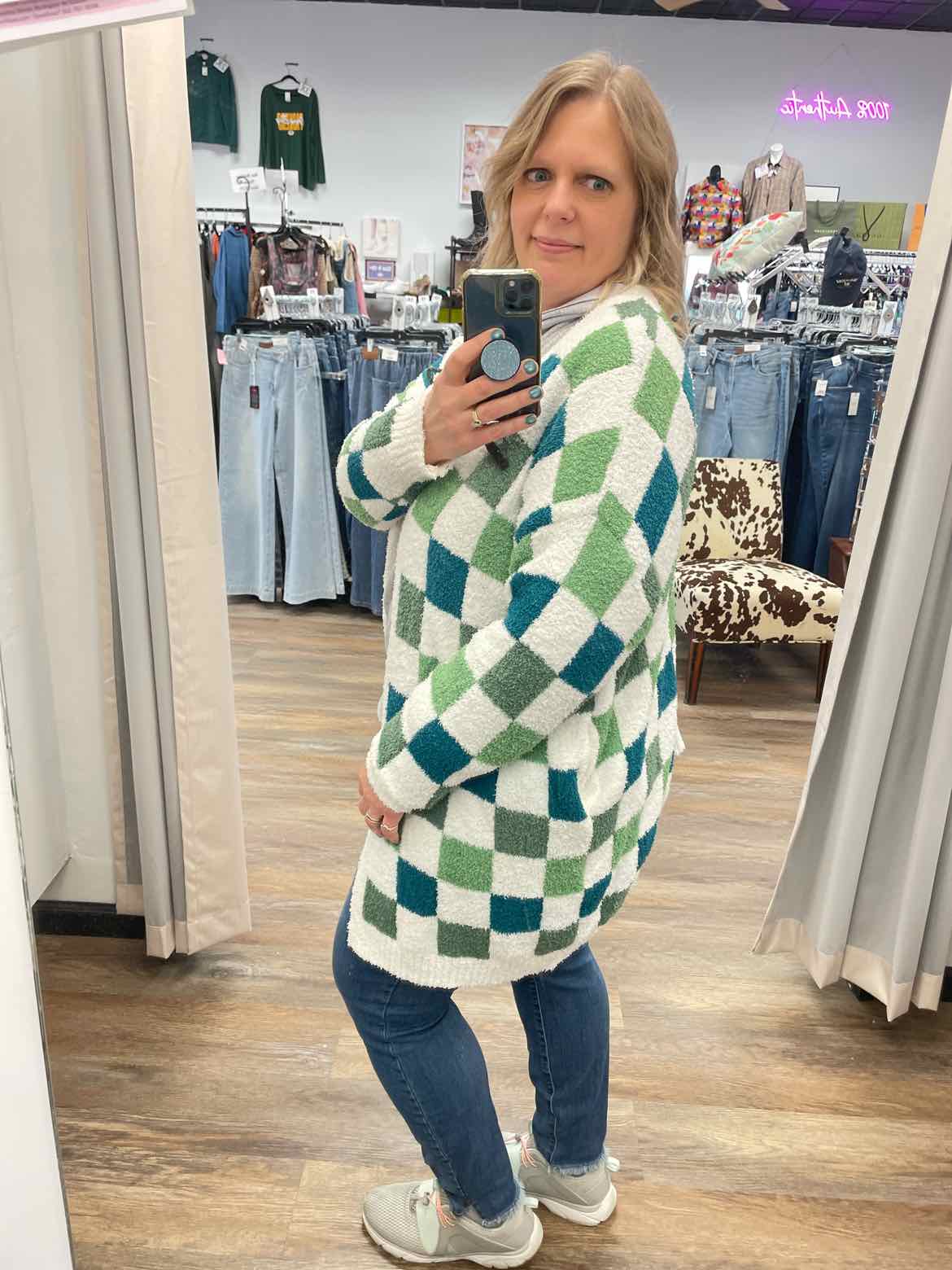 Checker Cloud Soft Green & White Cardigan