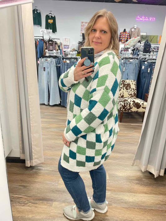 Checker Cloud Soft Green & White Cardigan