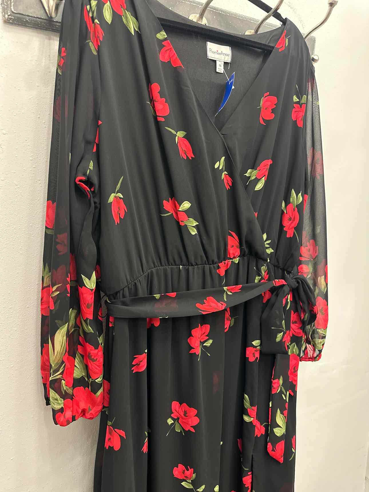 Premier Amour Size 16 Black and Red Floral Long Maxi Dress
