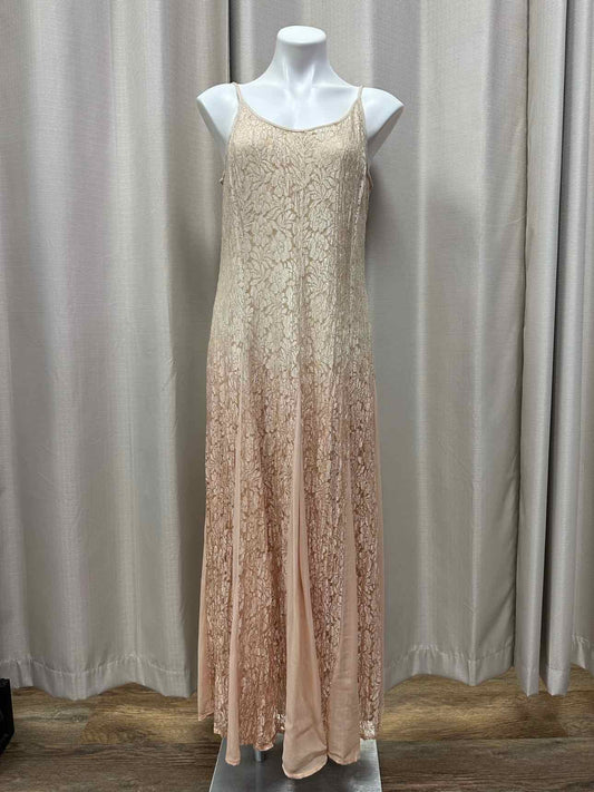 Together Vintage Floral Textured Sleeveless Flowy Maxi Pleated Size 14 Tan Dress
