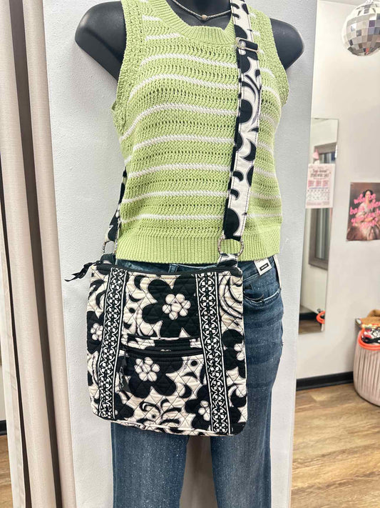 Vera Bradley Night and Day Floral Print Messenger Crossbody Black White Handbag