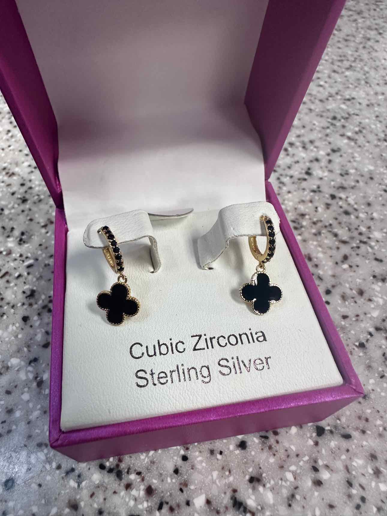 Rachel Zoe NEW Sterling Silver Black Clover CZ Hoops Gold-Tone Earrings