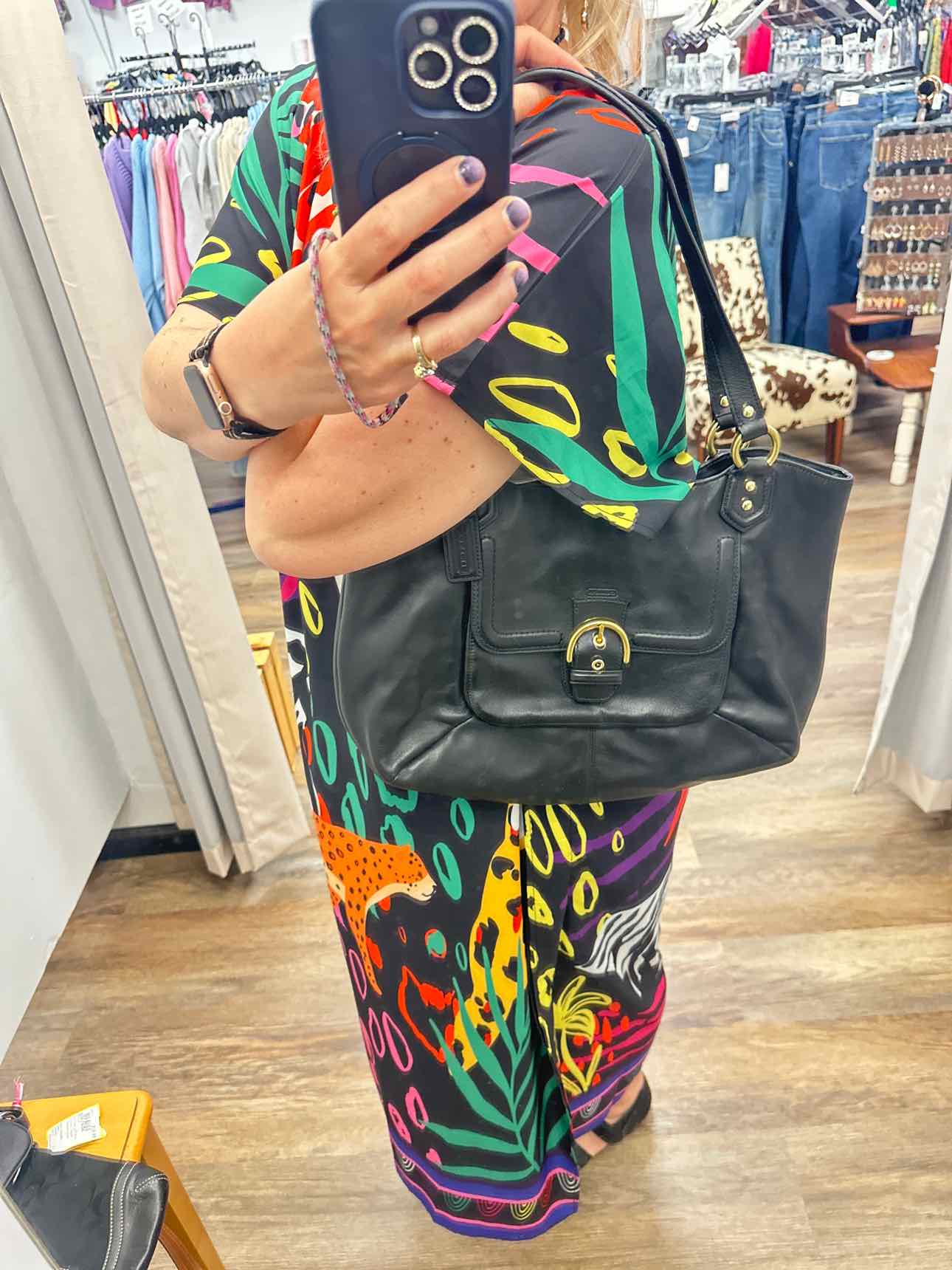 Coach Campbell Belle Carryall Leather Shoulder Bag with Buckle Black Handbags