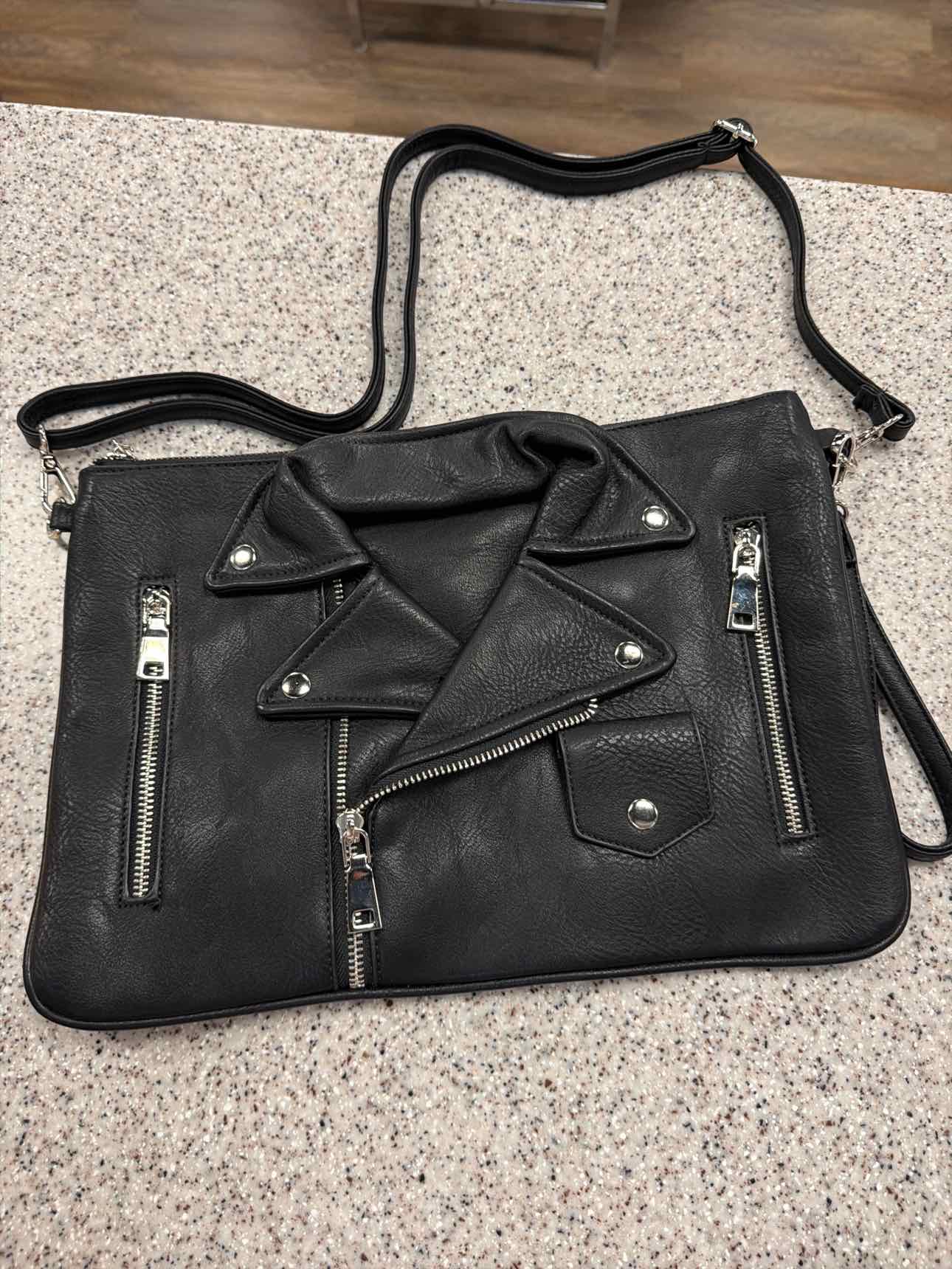 Moto Biker Jacket Crossbody Wristlet Strap Faux Leather Black Clutch