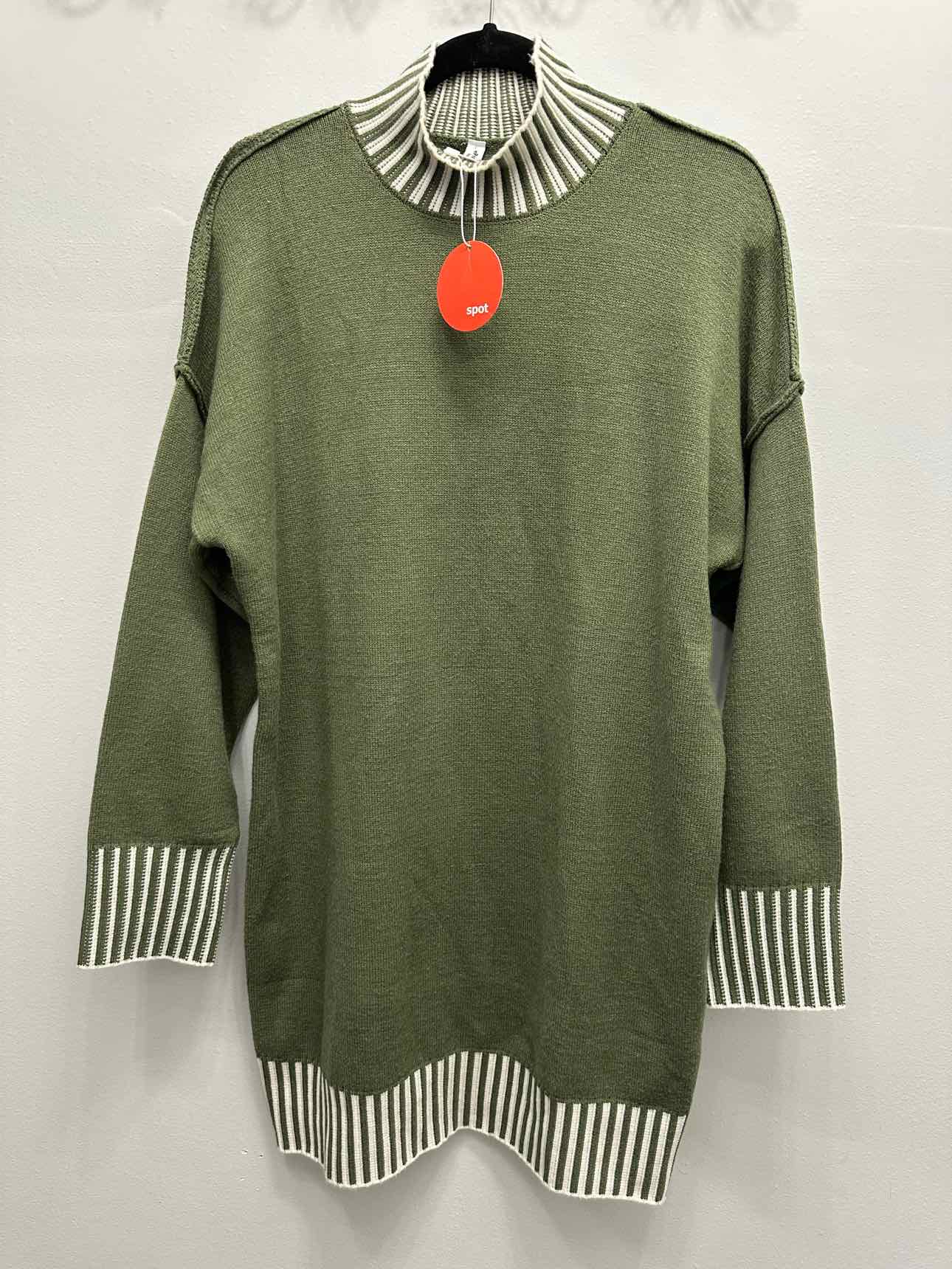 epretty NEW NWT Stripe Lined Mock Neck Size Medium Olive/White Sweater Dress