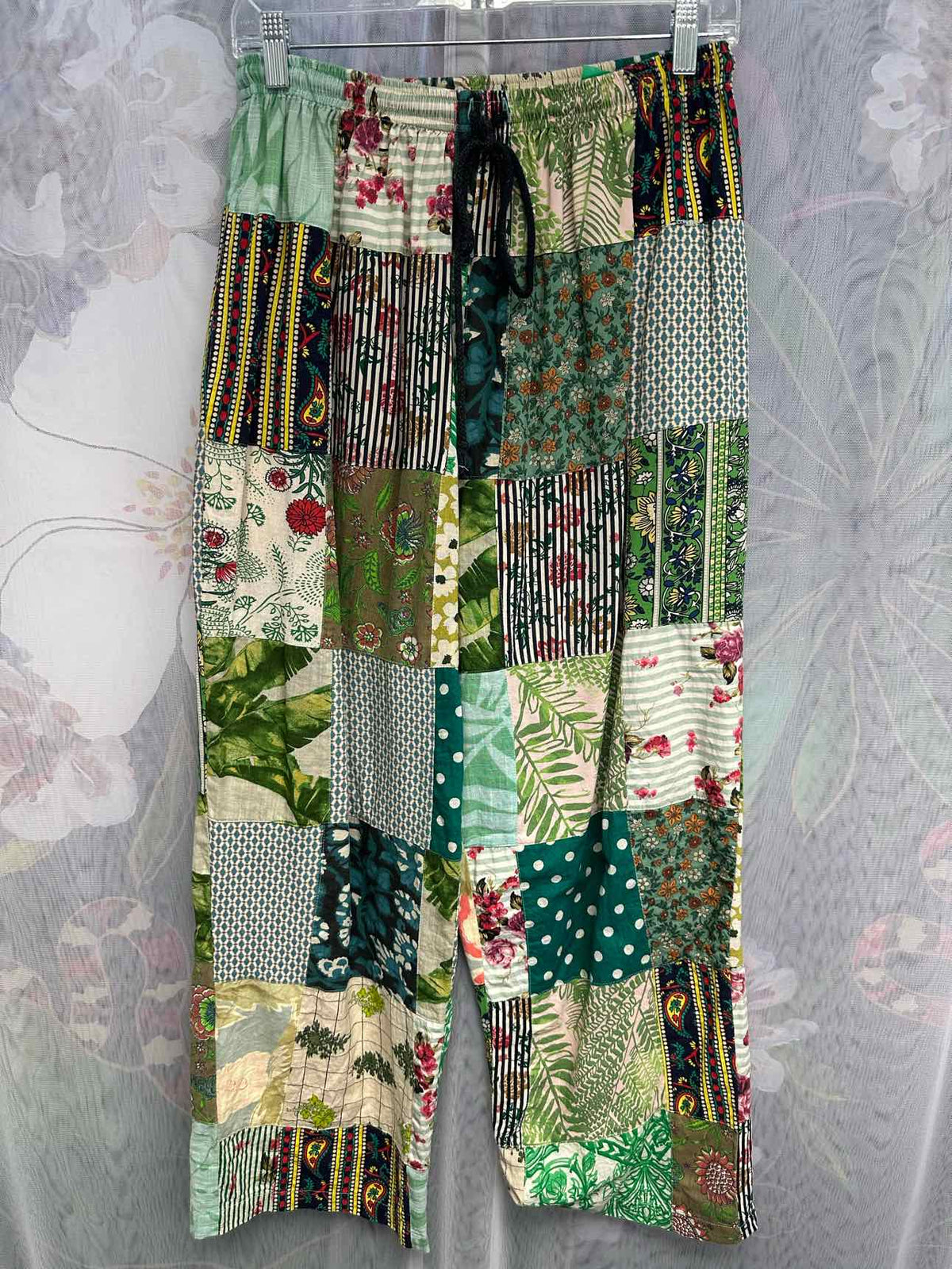 Jaded Gypsy Patchwork Drawstring Waist Loose Fit Wide Leg Size L/XL Green Pants