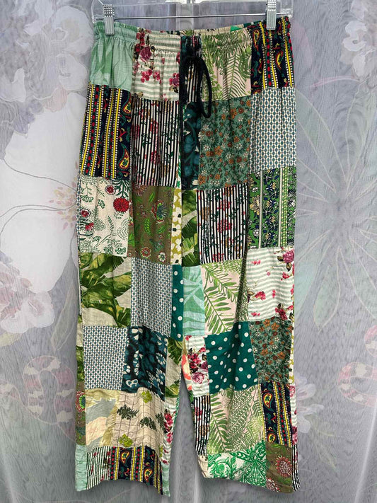 Jaded Gypsy Patchwork Drawstring Waist Loose Fit Wide Leg Size L/XL Green Pants