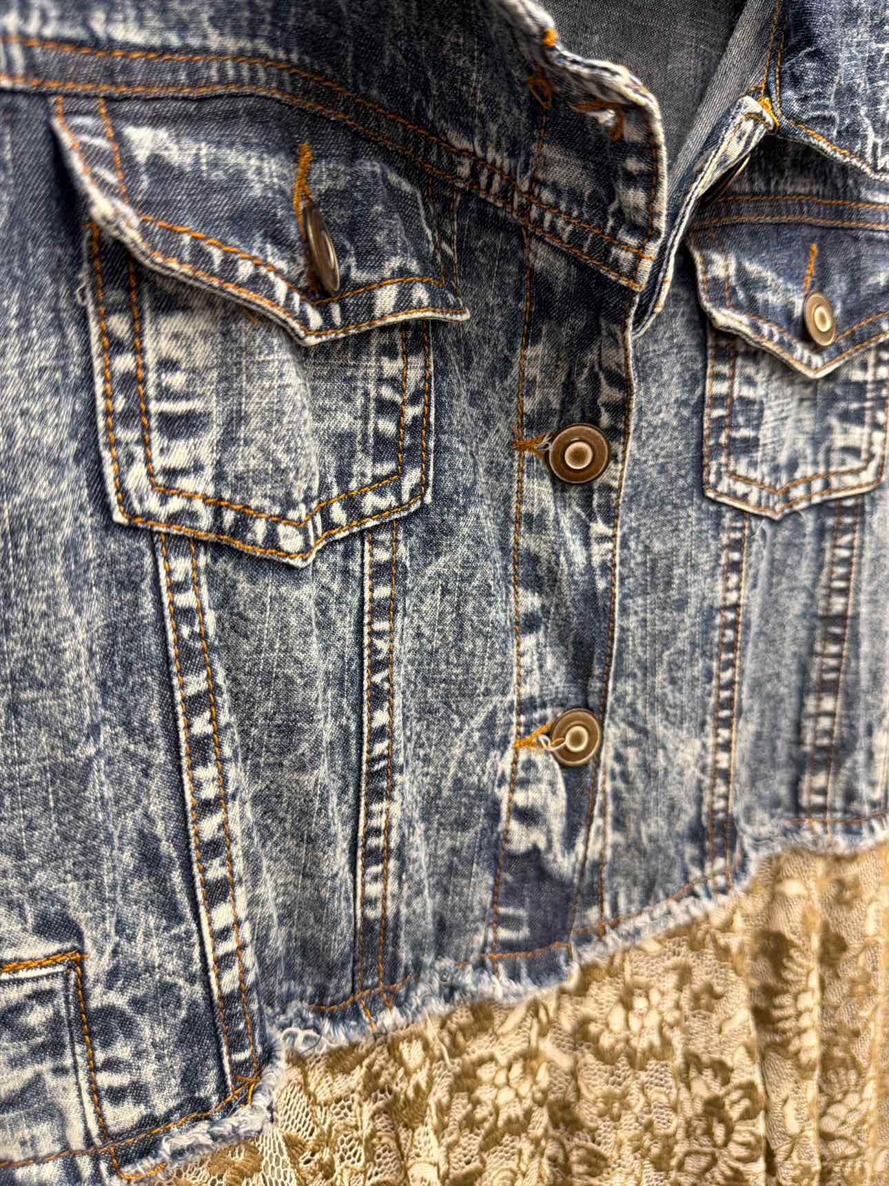 Size XL Blue Denim Sleeveless Top with Brown Lace Skirt Cardigan
