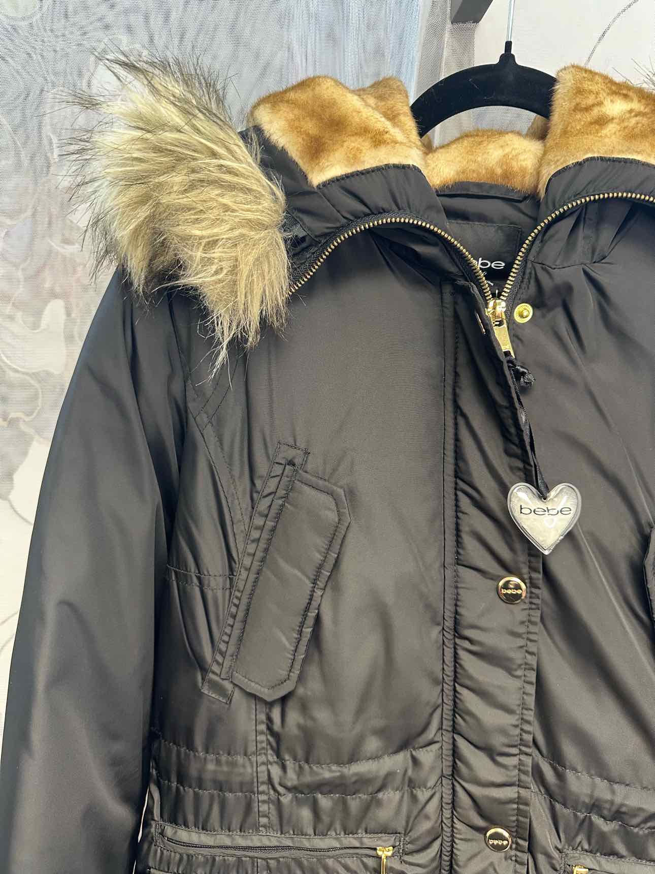 bebe NEW NWT Faux Fur Lined Multipocket Parka Small Black Zip Up Puffer Coat