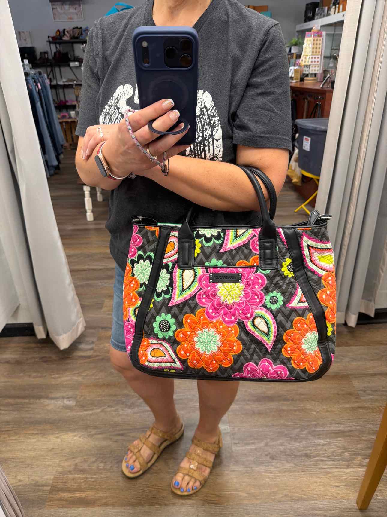 Vera Bradley Large Orange Black Floral Print Satchel Handbags
