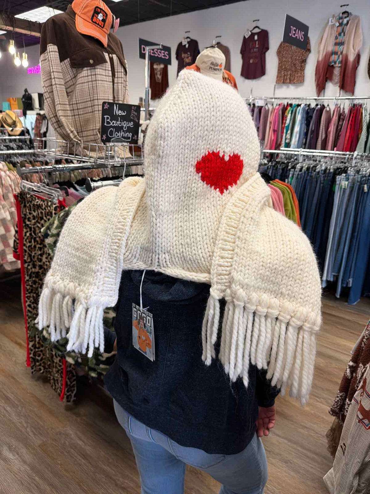 GOGO Cream-White Knit Hooded Scarf Heart Graphic NEW NWT