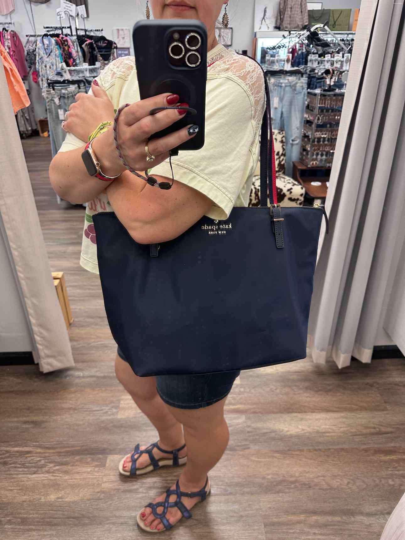 Kate Spade Watson Lane Varsity Stripe Maya Nylon Tote Navy Handbags