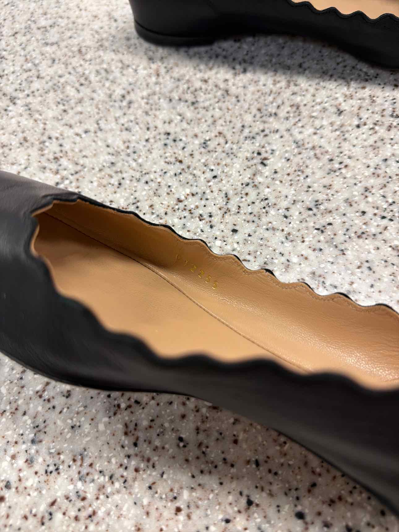 Chloe Size 37 1/2 Lauren Scalloped Leather Ballet Flats Black Shoes