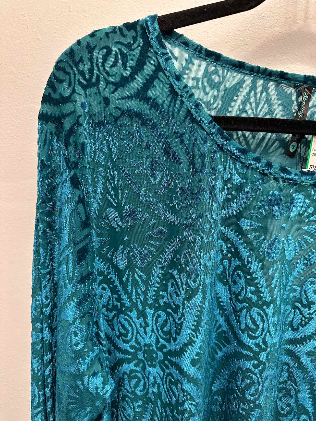 Sterling Kreek NEW NWT Velour Semi Sheer Long Sleeve Size 3X Teal Top
