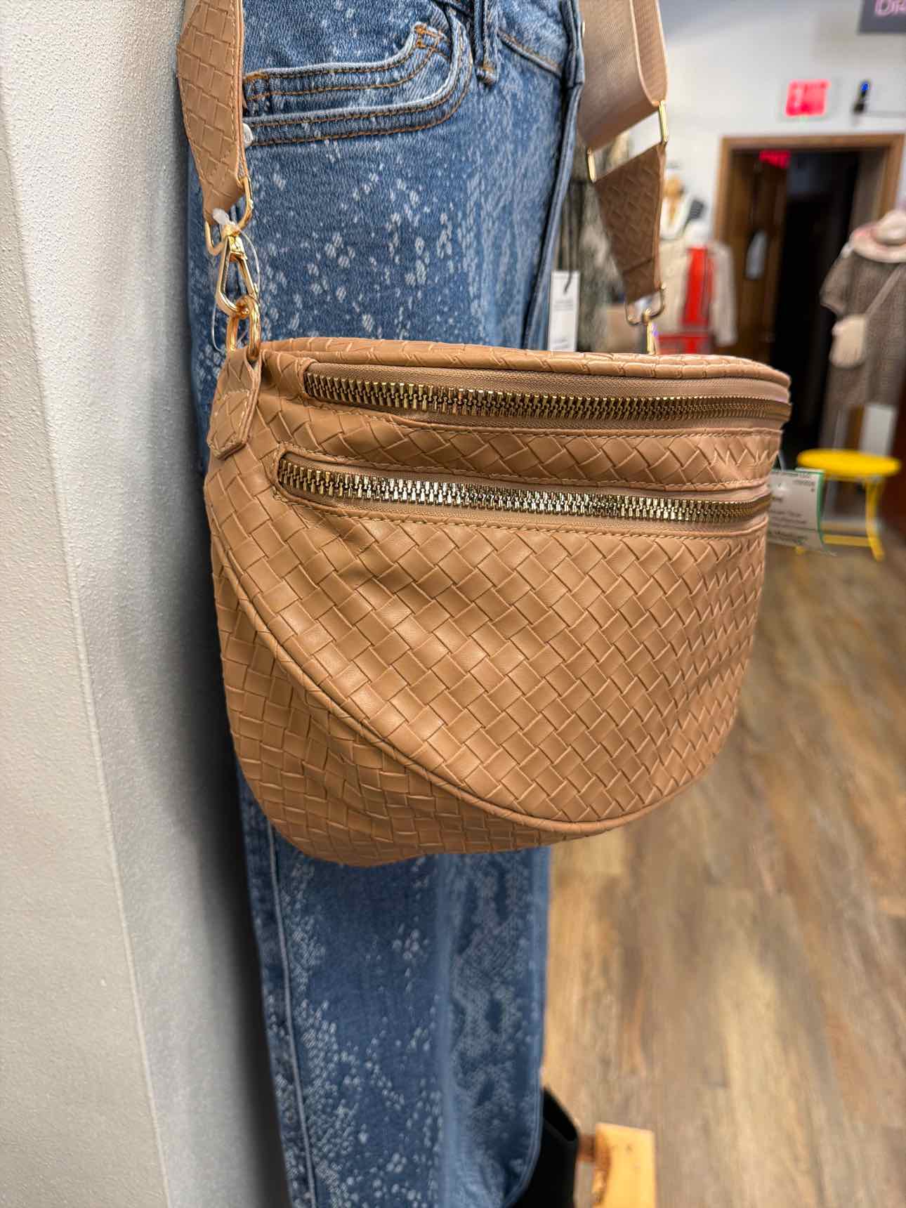 NEW woven faux leather multipocket waist bag crossbody Tan Handbags