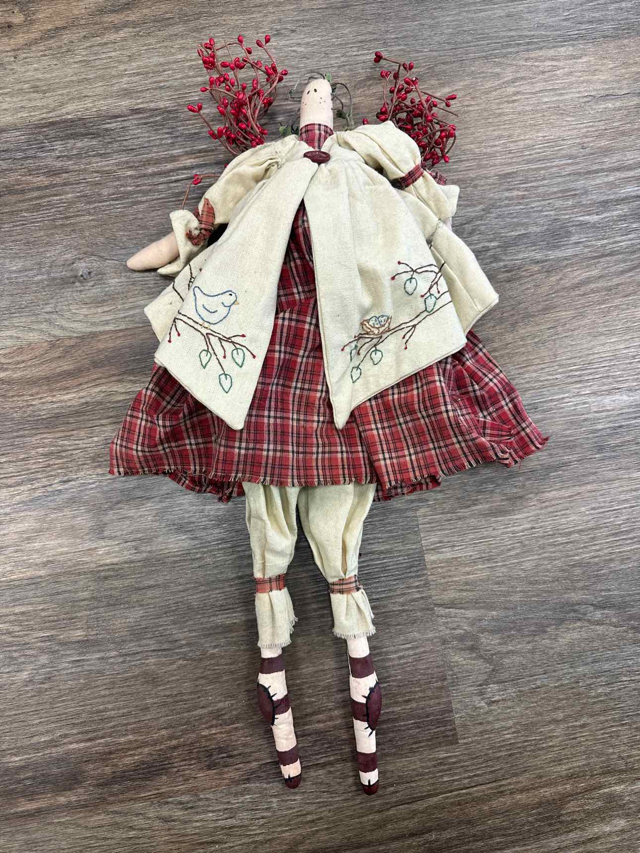 Primitive Folk Art Cloth Ange 22"  Red Brown Tenderheart Treasures Home Decor