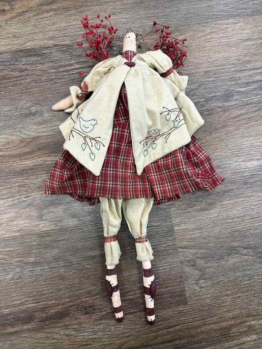 Primitive Folk Art Cloth Ange 22"  Red Brown Tenderheart Treasures Home Decor