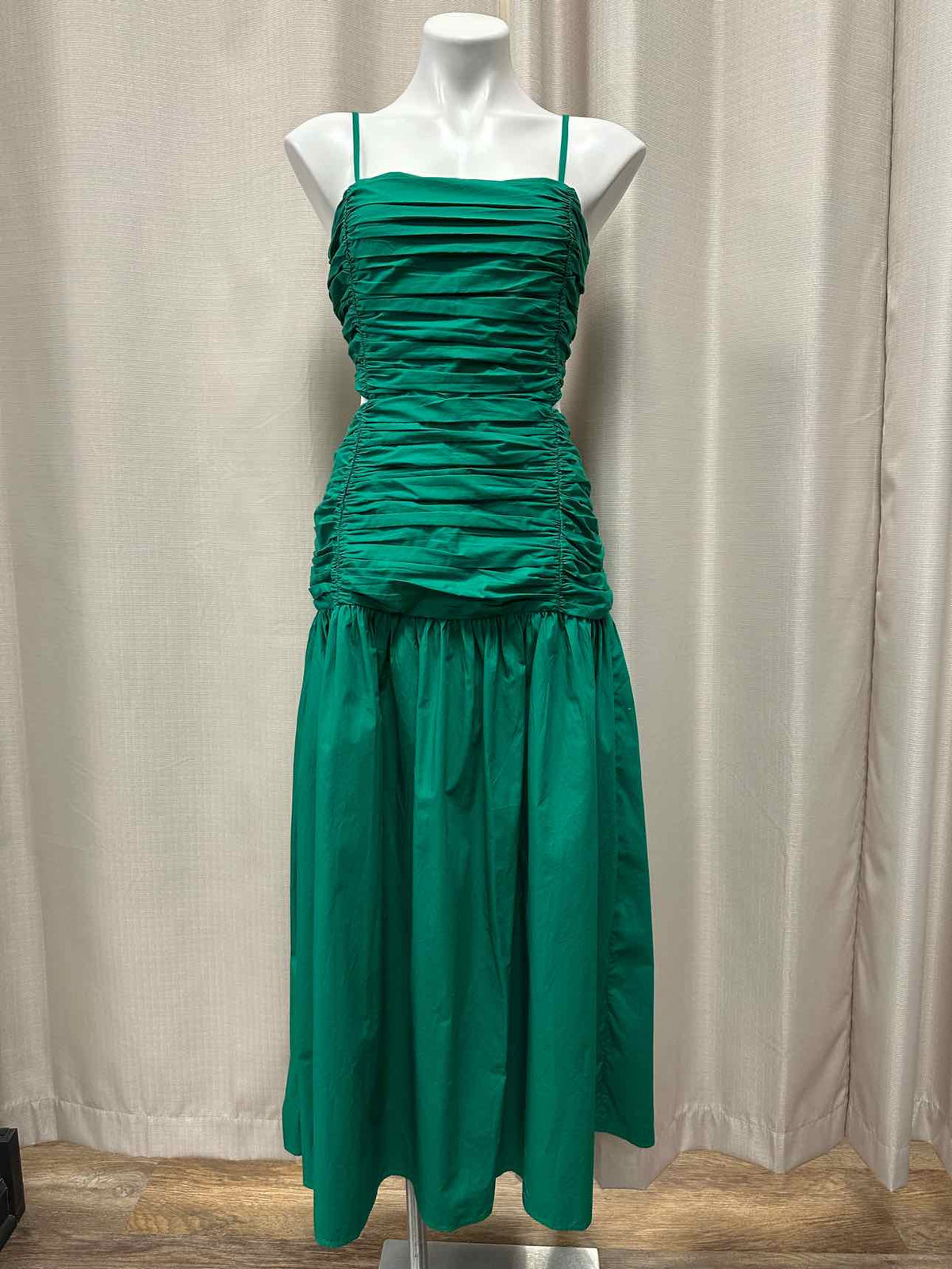 LOFT NEW NWT Poplin Midi Ruched Cut-Out Waist Open Back Tie Size 10 Green Dress