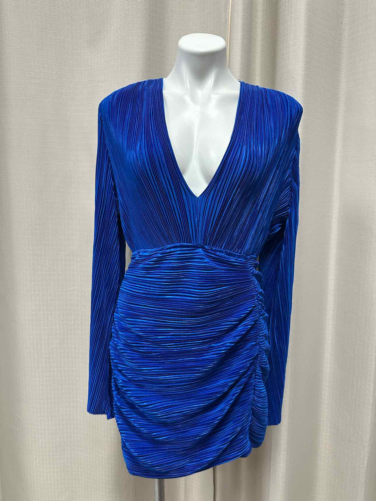 Hello Molly NEW NWT Ribbed Plunge Long Sleeve Ruched Skirt Size 10 Blue Dress