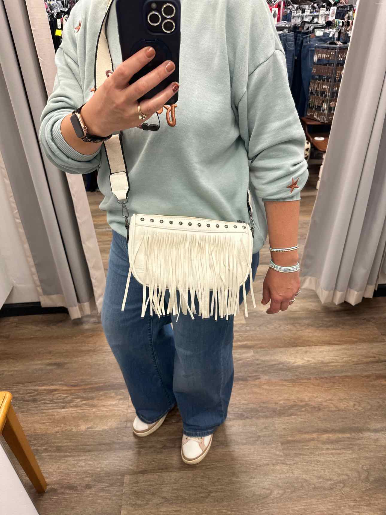 Vegan Leather Fringe Cross Body Bag With Canvas Strap Stud Details Handbags