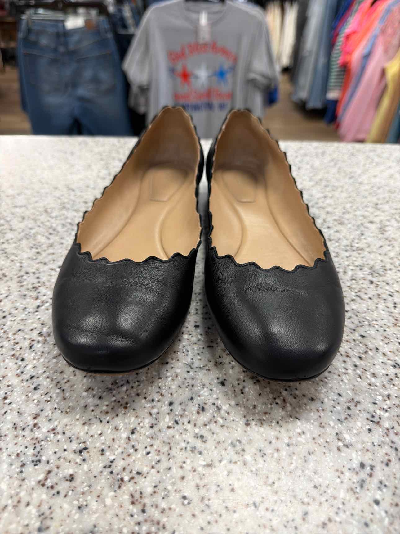 Chloe Size 37 1/2 Lauren Scalloped Leather Ballet Flats Black Shoes