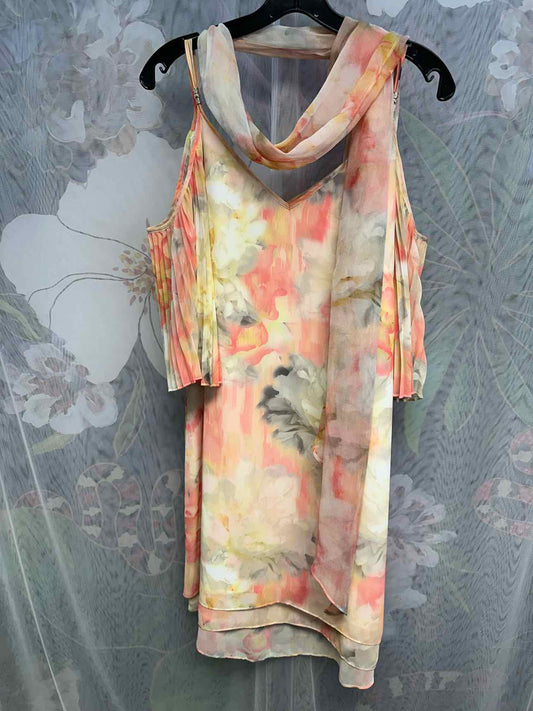 WHBM Floral Cold Shoulder Pleated Short Sleeve Semi Sheer 6 Pink/Yellow Dress