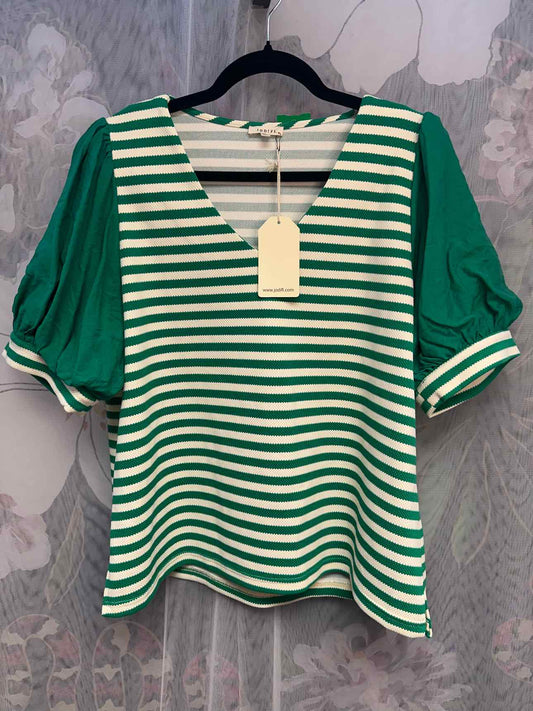 Jodifl NEW NWT Striped Puffy Short Sleeve V-Neck Blouse Size XL Green/White Top