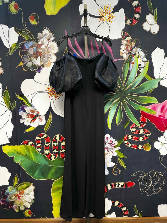 Eliza J Size 12 Black Formal Bodycon Gown Dress with Puffy Off Shoulder Sleeves