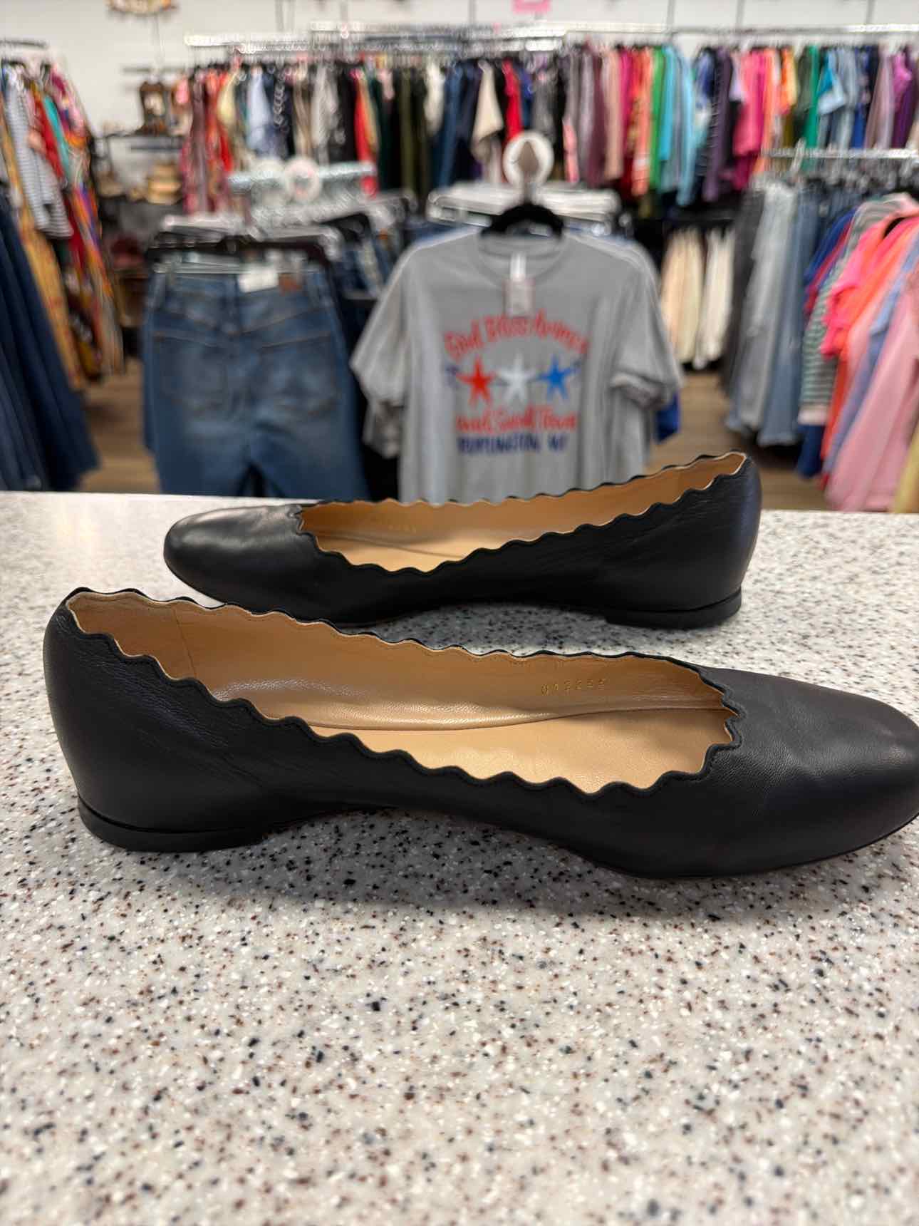 Chloe Size 37 1/2 Lauren Scalloped Leather Ballet Flats Black Shoes